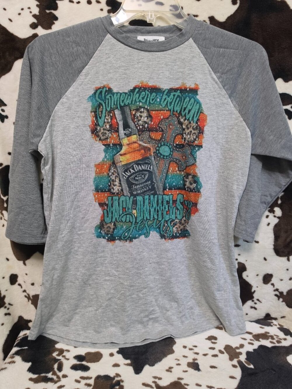 Jack Daniels Western 3/4 Sleeve Raglan Top Gray Small